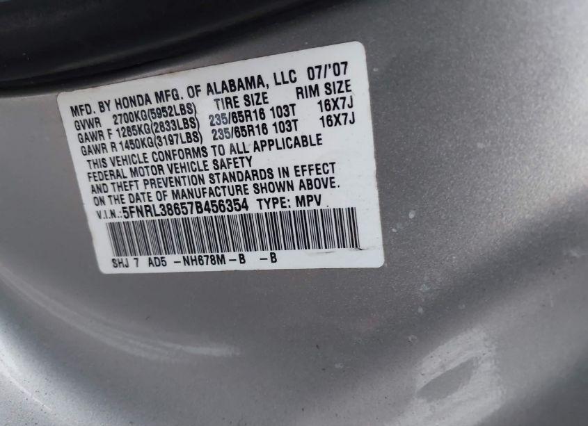 Photo 9 of 2007 Honda Odyssey EX-L (VIN 5FNRL38657B456354)