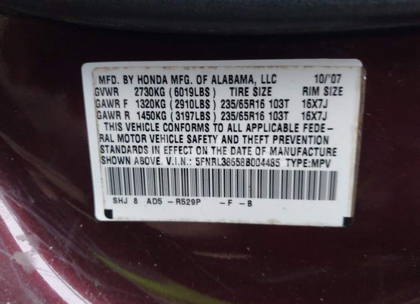 Photo 9 of 2008 Honda Odyssey EX-L (VIN 5FNRL38658B004485)