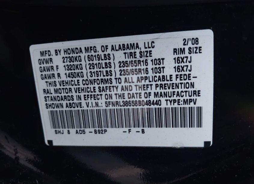 Photo 9 of 2008 Honda Odyssey EX-L (VIN 5FNRL38658B048440)
