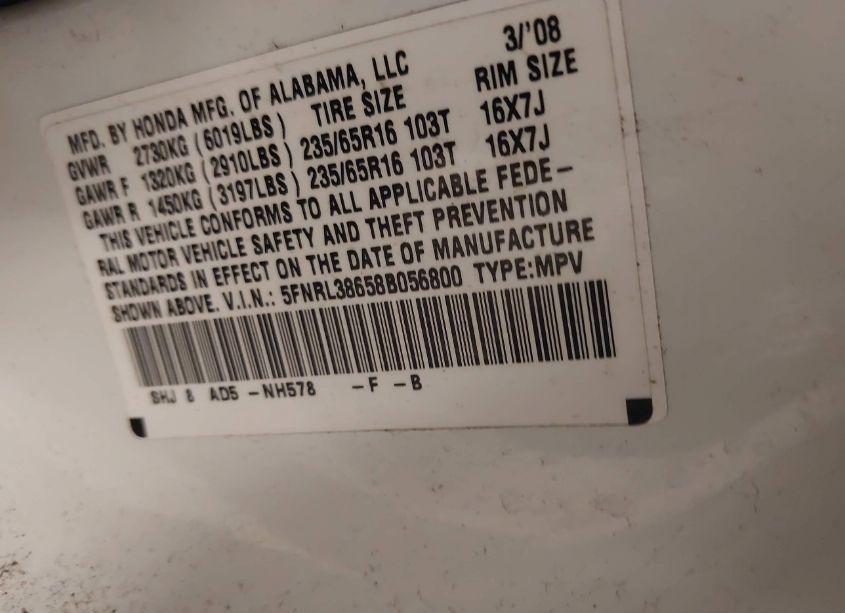 Photo 9 of 2008 Honda Odyssey EX-L (VIN 5FNRL38658B056800)