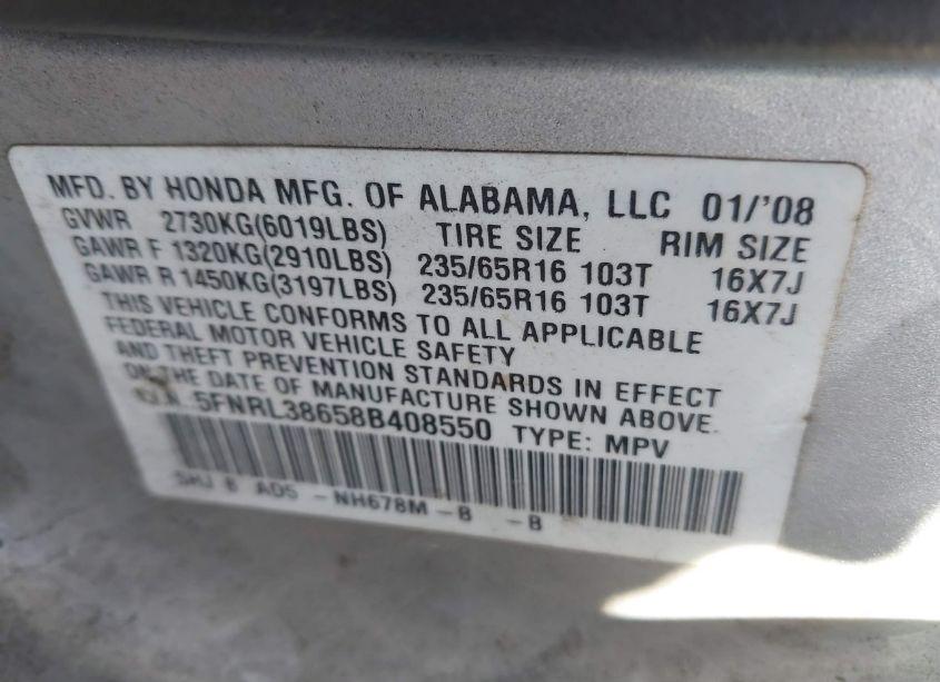 Photo 9 of 2008 Honda Odyssey EX-L (VIN 5FNRL38658B408550)