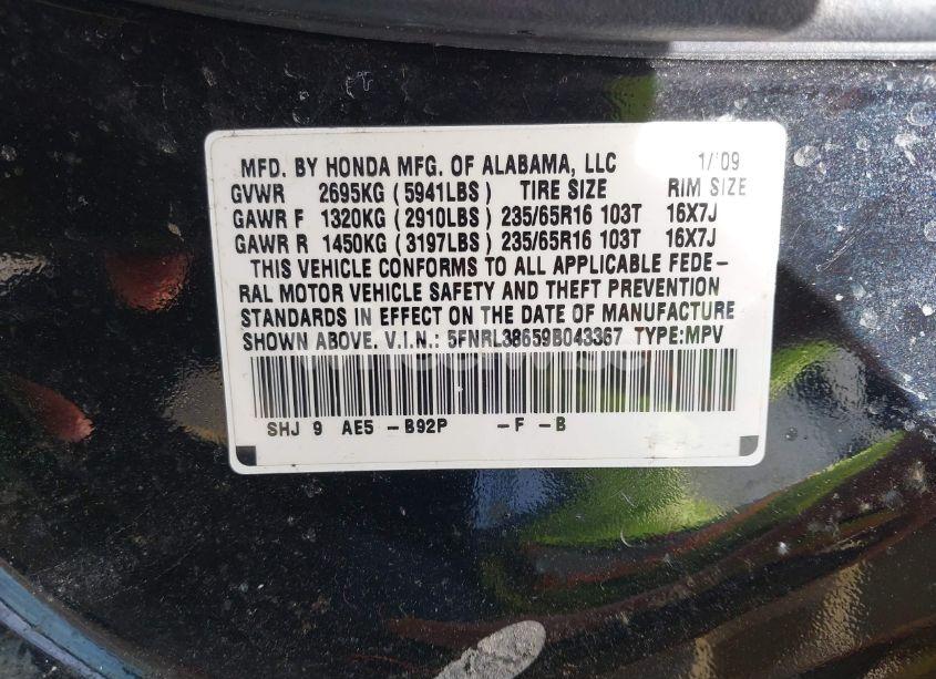 Photo 9 of 2009 Honda Odyssey EX-L (VIN 5FNRL38659B043367)
