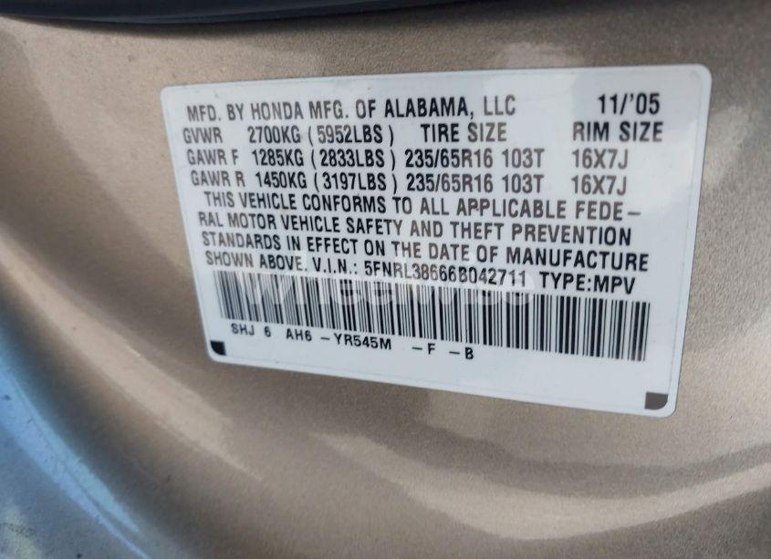 Photo 9 of 2006 Honda Odyssey EX-L (VIN 5FNRL38666B042711)