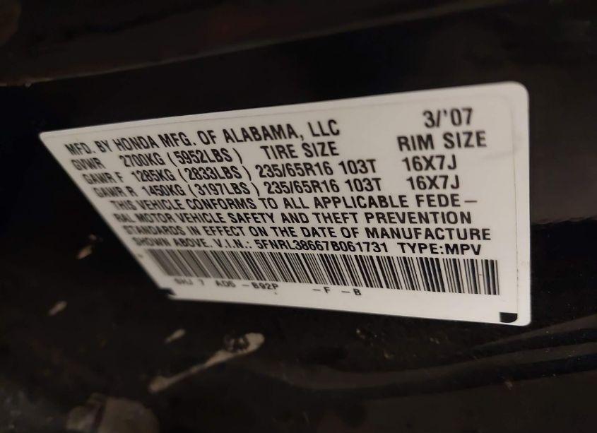 Photo 9 of 2007 Honda Odyssey EX-L (VIN 5FNRL38667B061731)