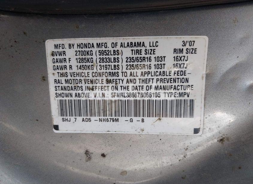 Photo 9 of 2007 Honda Odyssey EX-L (VIN 5FNRL38667B066105)