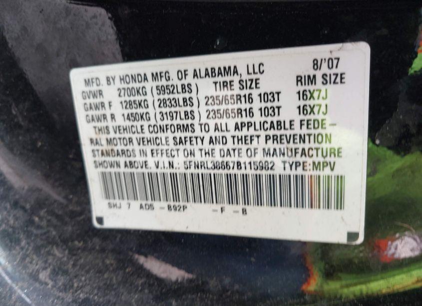 Photo 9 of 2007 Honda Odyssey EX-L (VIN 5FNRL38667B115982)