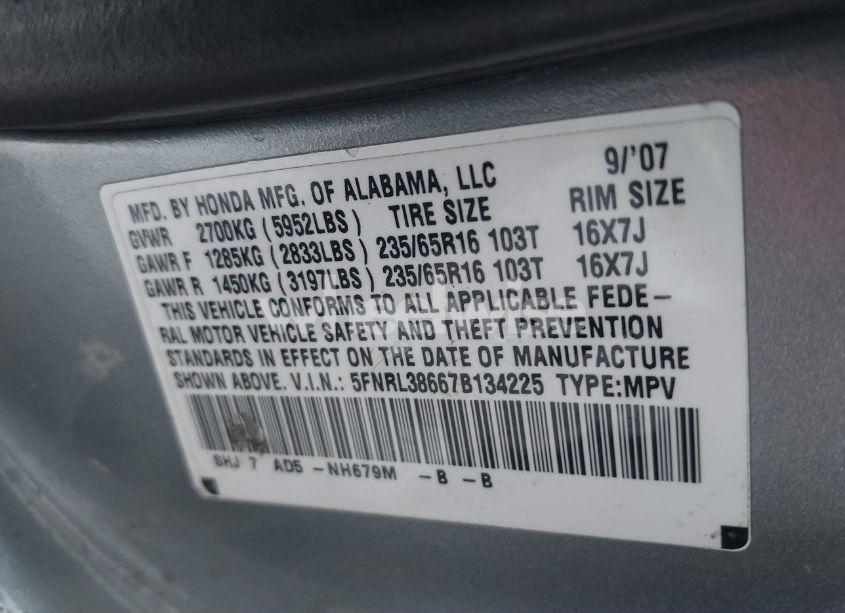 Photo 9 of 2007 Honda Odyssey EX-L (VIN 5FNRL38667B134225)