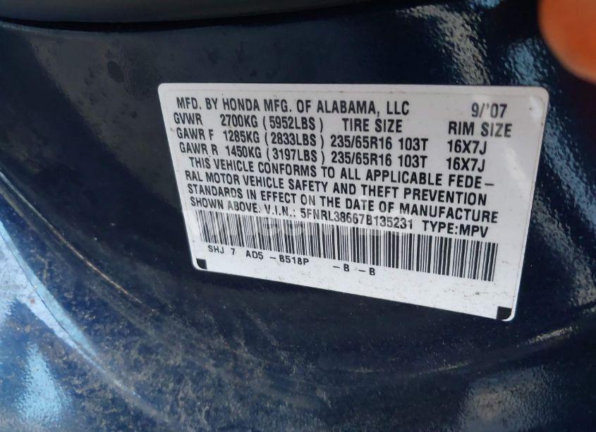 Photo 9 of 2007 Honda Odyssey EXL (VIN 5FNRL38667B135231)