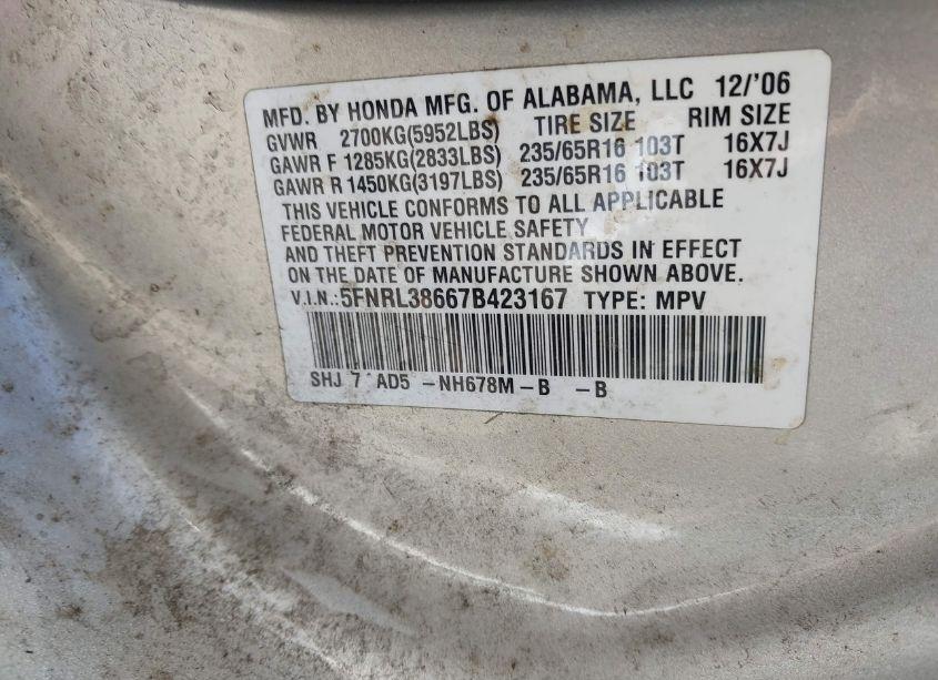 Photo 9 of 2007 Honda Odyssey EX-L (VIN 5FNRL38667B423167)