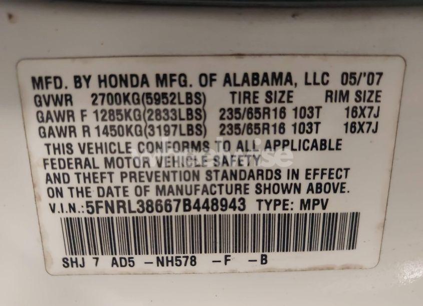 Photo 9 of 2007 Honda Odyssey EX-L (VIN 5FNRL38667B448943)