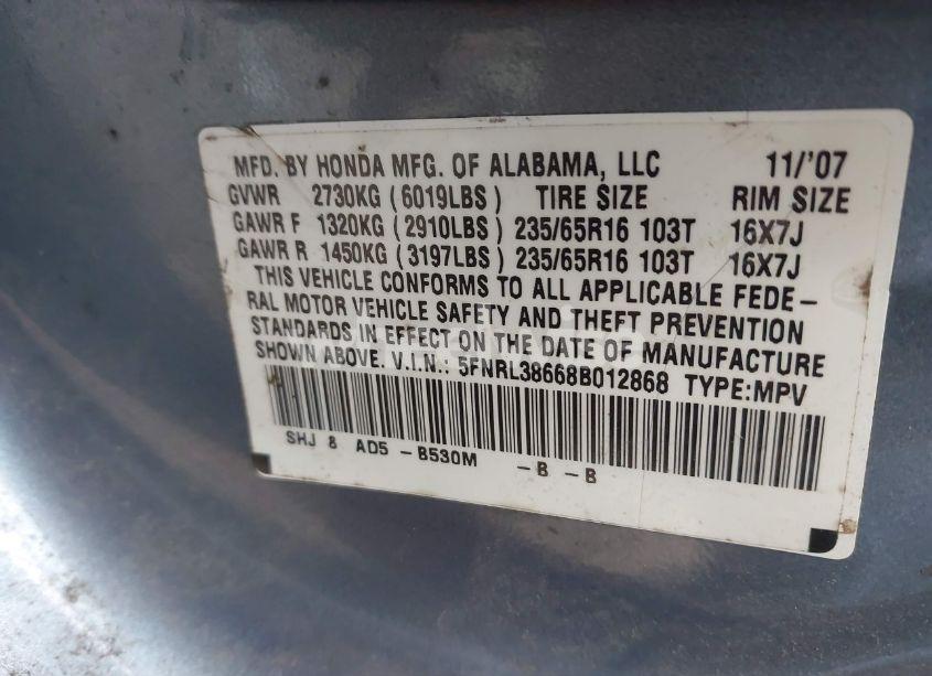 Photo 9 of 2008 Honda Odyssey EX-L (VIN 5FNRL38668B012868)