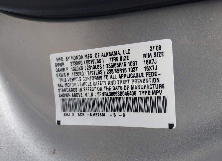 Photo 9 of 2008 Honda Odyssey EX-L (VIN 5FNRL38668B046406)