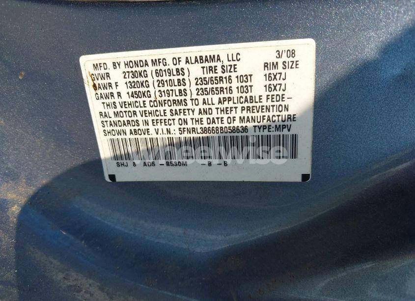 Photo 9 of 2008 Honda Odyssey EX-L (VIN 5FNRL38668B058636)