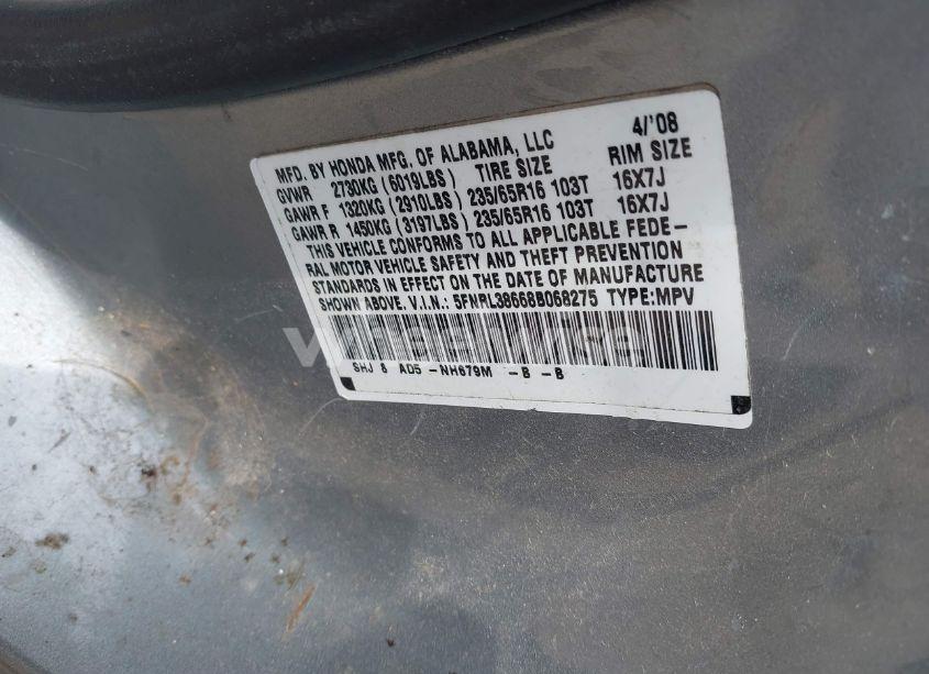 Photo 9 of 2008 Honda Odyssey EX-L (VIN 5FNRL38668B068275)