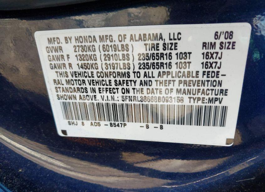 Photo 9 of 2008 Honda Odyssey EX-L (VIN 5FNRL38668B093158)
