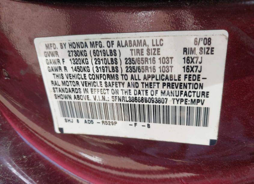 Photo 9 of 2008 Honda Odyssey EX-L (VIN 5FNRL38668B093807)