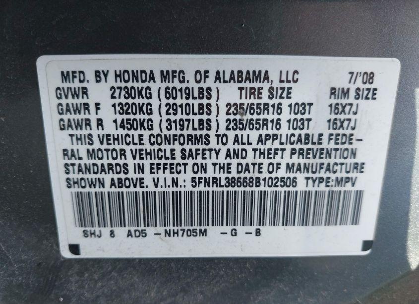 Photo 9 of 2008 Honda Odyssey EX-L (VIN 5FNRL38668B102506)
