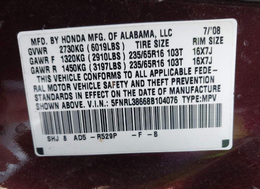 Photo 9 of 2008 Honda Odyssey EX-L (VIN 5FNRL38668B104076)