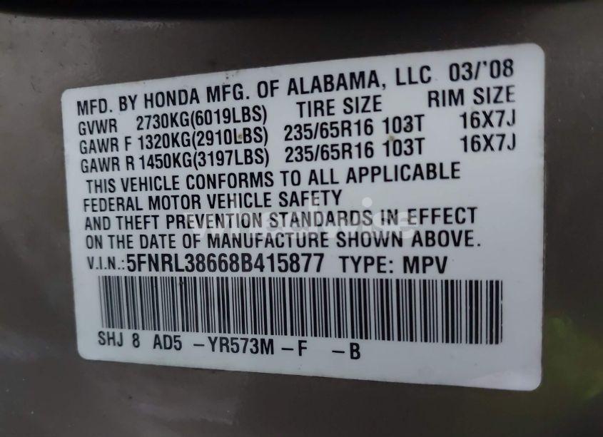 Photo 9 of 2008 Honda Odyssey EX-L (VIN 5FNRL38668B415877)