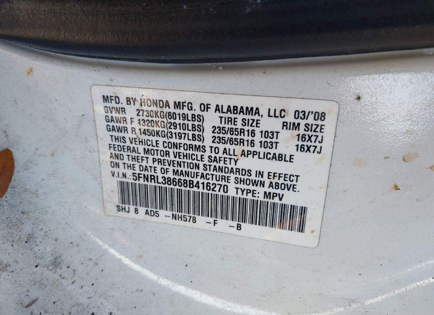 Photo 9 of 2008 Honda Odyssey EX-L (VIN 5FNRL38668B416270)