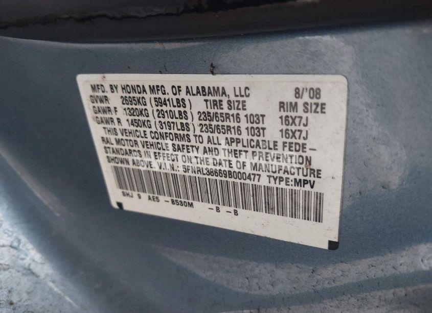 Photo 9 of 2009 Honda Odyssey EX-L (VIN 5FNRL38669B000477)