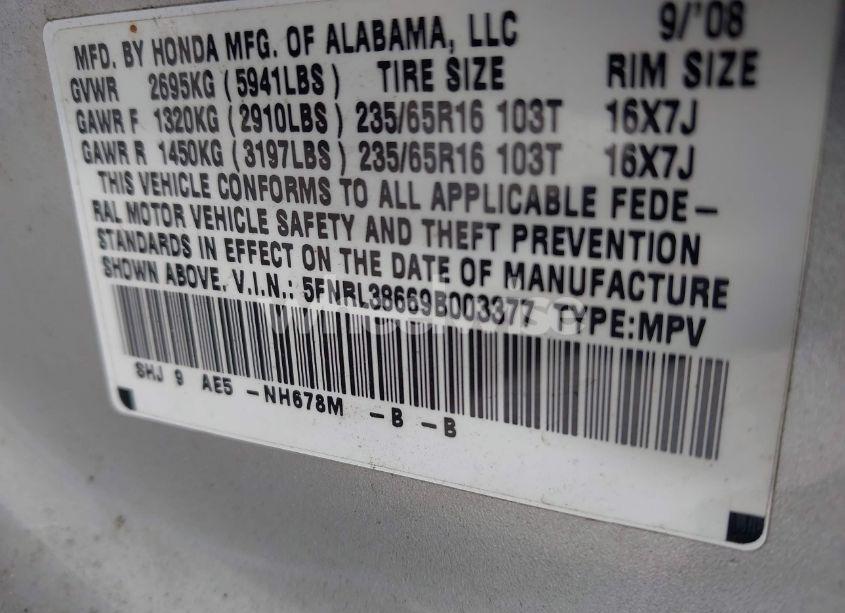 Photo 9 of 2009 Honda Odyssey EX-L (VIN 5FNRL38669B003377)