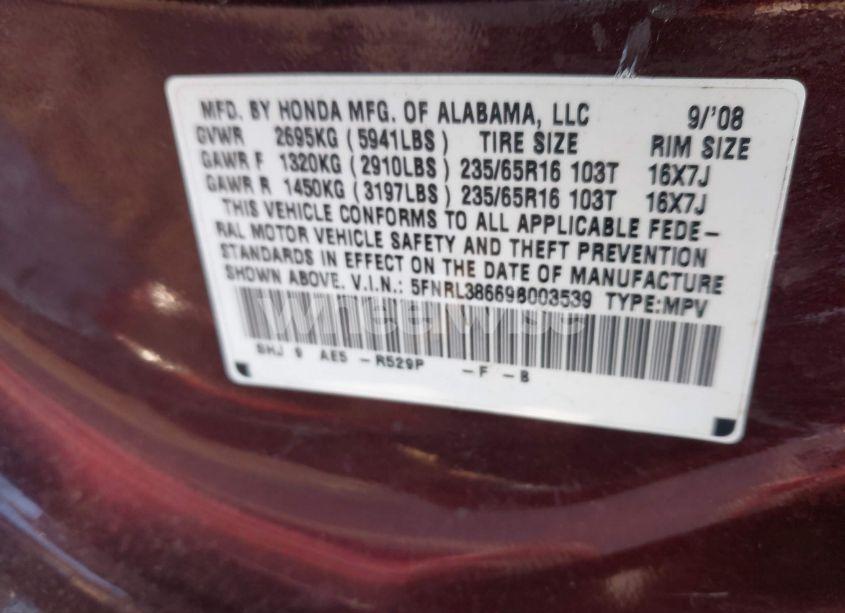 Photo 9 of 2009 Honda Odyssey EX-L (VIN 5FNRL38669B003539)