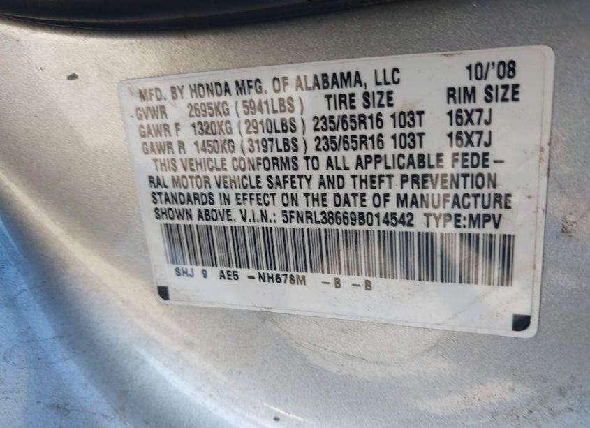 Photo 9 of 2009 Honda Odyssey EX-L (VIN 5FNRL38669B014542)