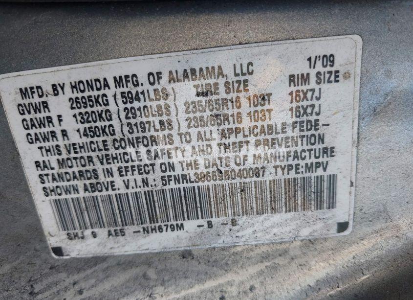 Photo 9 of 2009 Honda Odyssey EX-L (VIN 5FNRL38669B040087)