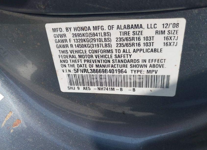 Photo 9 of 2009 Honda Odyssey EX-L (VIN 5FNRL38669B401964)