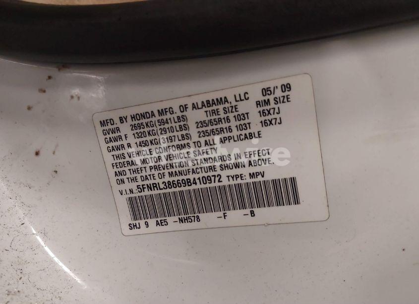 Photo 9 of 2009 Honda Odyssey EX-L (VIN 5FNRL38669B410972)