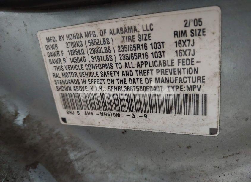 Photo 9 of 2005 Honda Odyssey EX-L (VIN 5FNRL38675B060407)