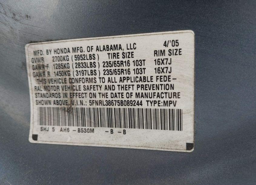Photo 9 of 2005 Honda Odyssey EX-L (VIN 5FNRL38675B089244)