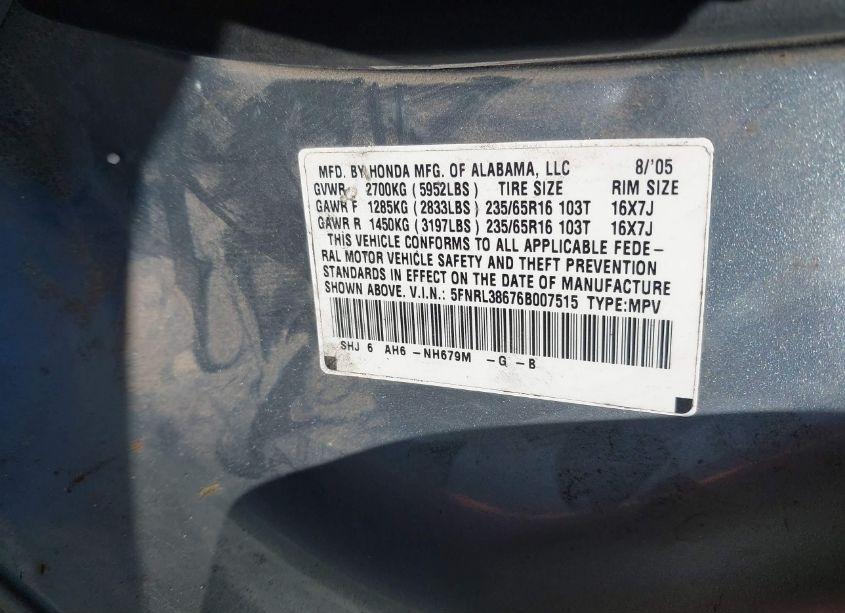 Photo 9 of 2006 Honda Odyssey EX-L (VIN 5FNRL38676B007515)