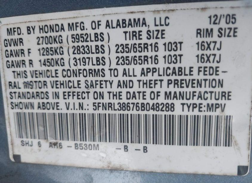 Photo 9 of 2006 Honda Odyssey EX-L (VIN 5FNRL38676B048288)