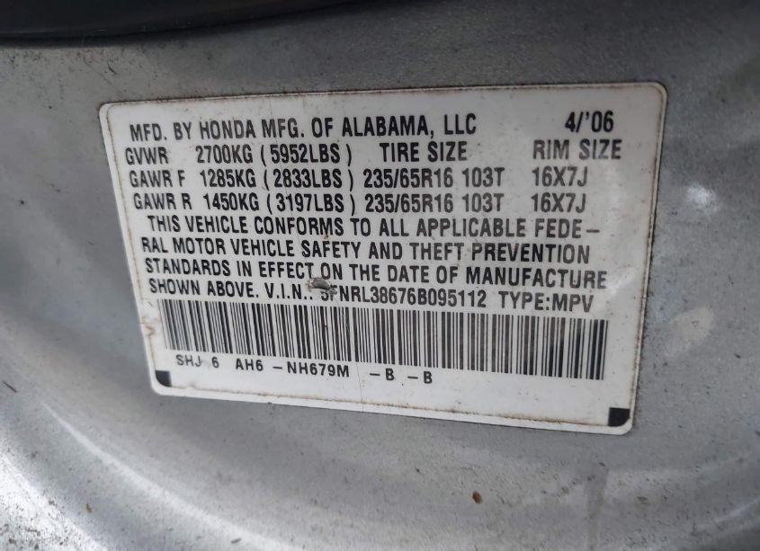 Photo 9 of 2006 Honda Odyssey EX-L (VIN 5FNRL38676B095112)