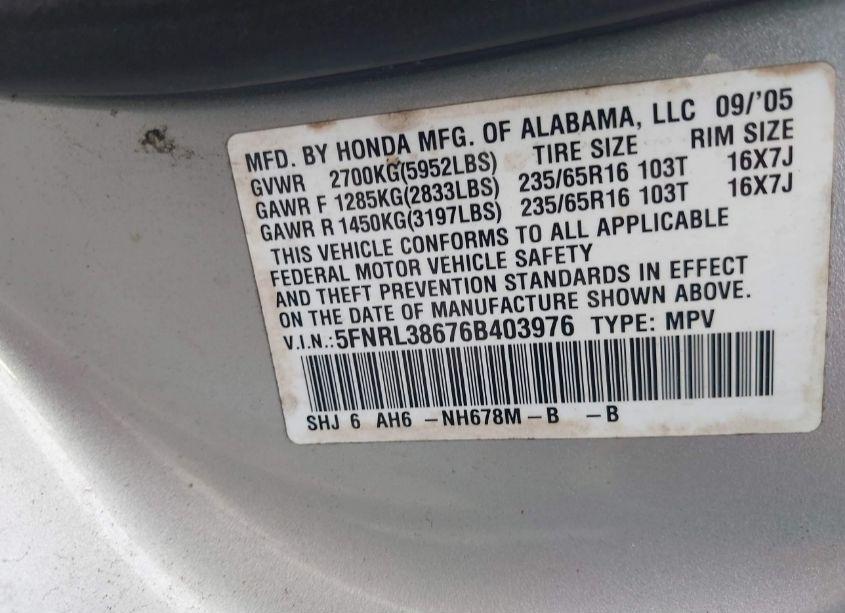 Photo 9 of 2006 Honda Odyssey EX-L (VIN 5FNRL38676B403976)