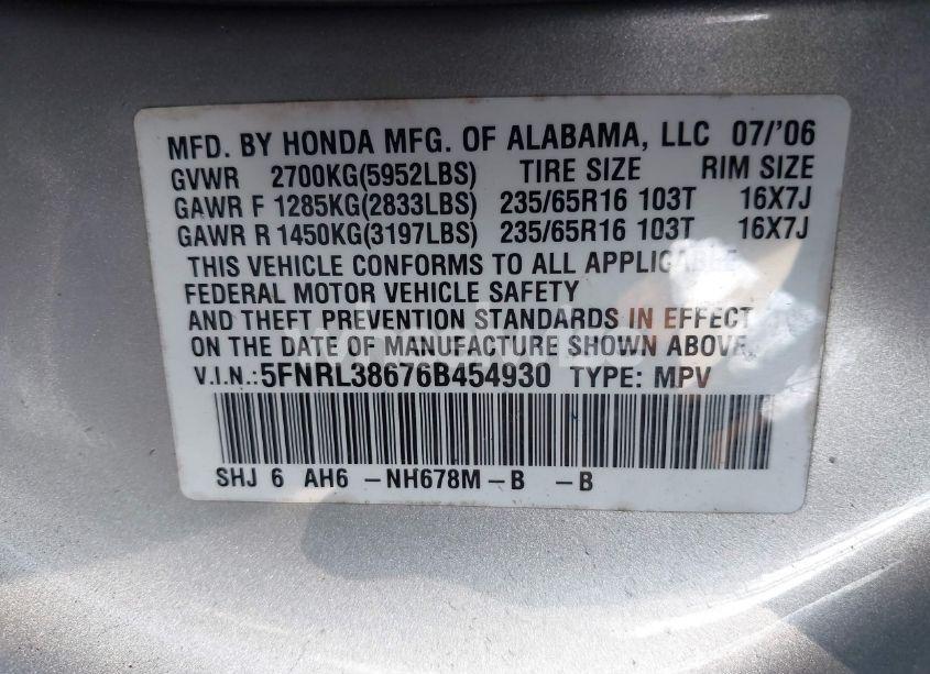 Photo 9 of 2006 Honda Odyssey EX-L (VIN 5FNRL38676B454930)