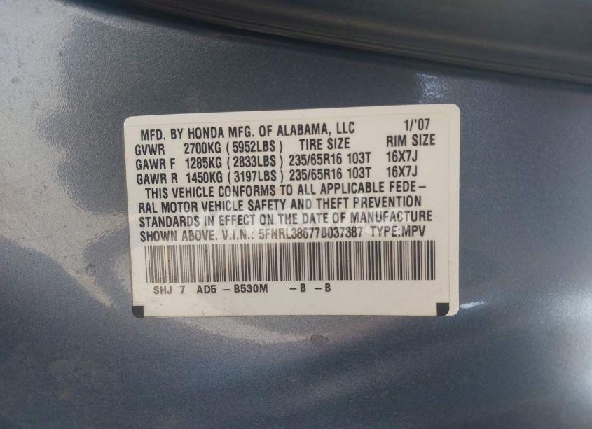 Photo 9 of 2007 Honda Odyssey EX-L (VIN 5FNRL38677B037387)