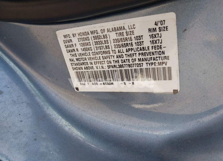 Photo 9 of 2007 Honda Odyssey EX-L (VIN 5FNRL38677B077257)