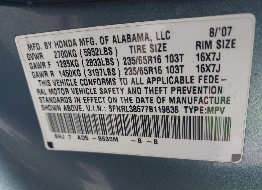 Photo 9 of 2007 Honda Odyssey EX-L (VIN 5FNRL38677B119636)