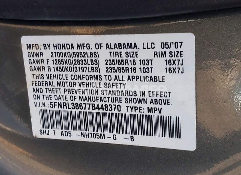 Photo 9 of 2007 Honda Odyssey EX-L (VIN 5FNRL38677B448370)