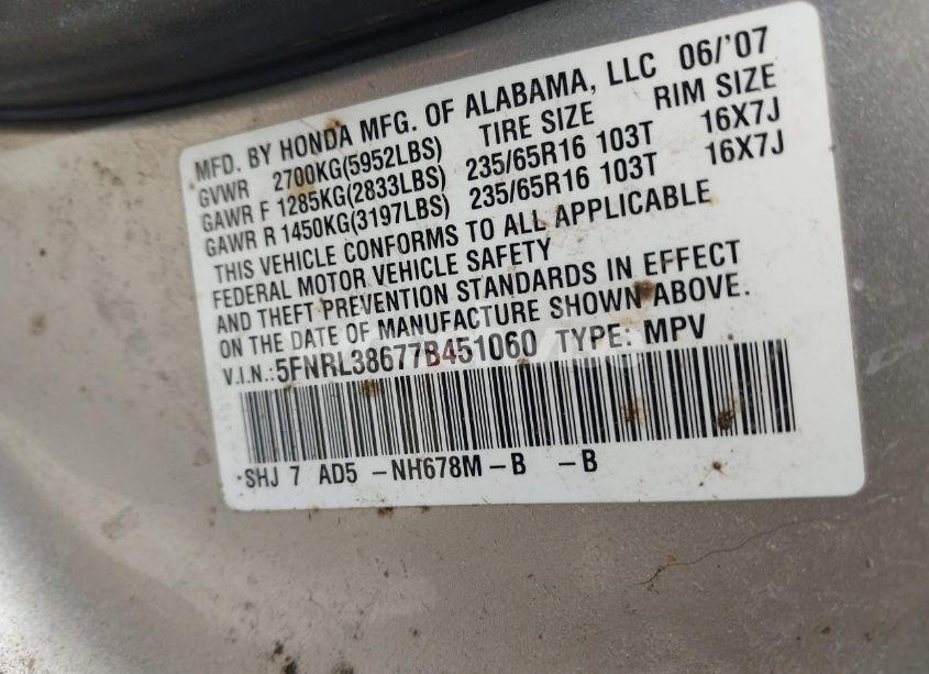 Photo 9 of 2007 Honda Odyssey EX-L (VIN 5FNRL38677B451060)