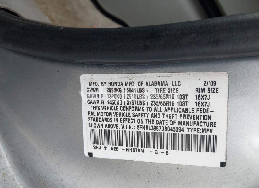 Photo 9 of 2009 Honda Odyssey EX-L (VIN 5FNRL38679B045394)