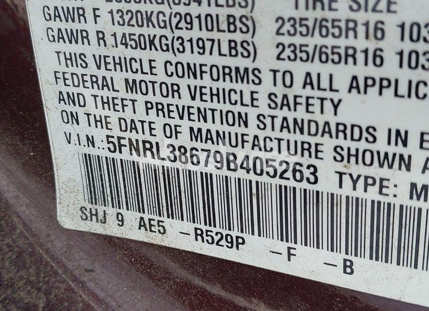 Photo 9 of 2009 Honda Odyssey EX-L (VIN 5FNRL38679B405263)