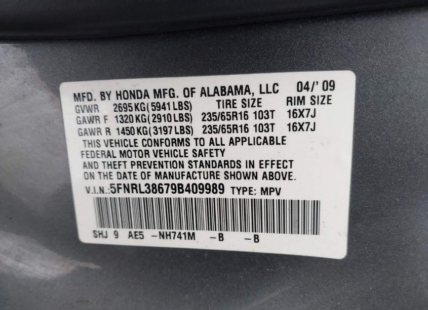 Photo 9 of 2009 Honda Odyssey EX-L (VIN 5FNRL38679B409989)