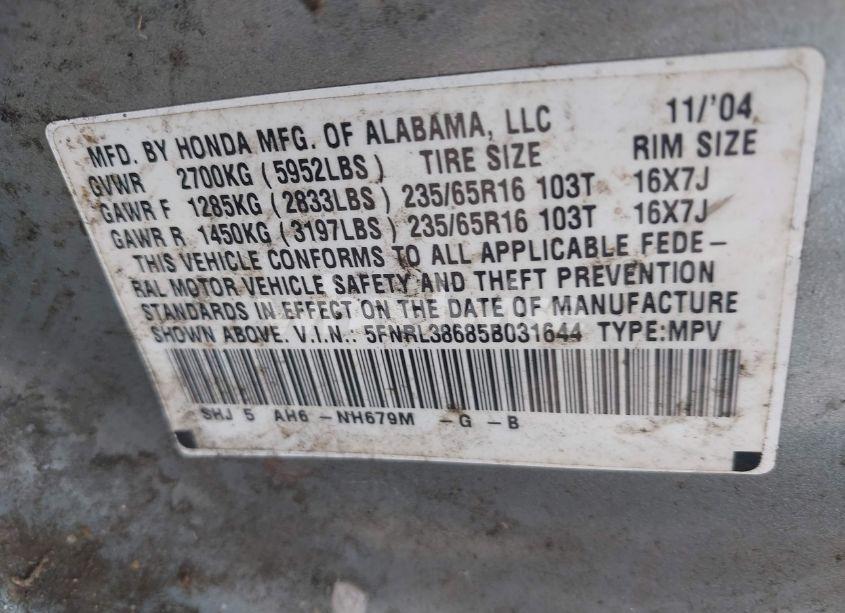 Photo 9 of 2005 Honda Odyssey EX-L (VIN 5FNRL38685B031644)