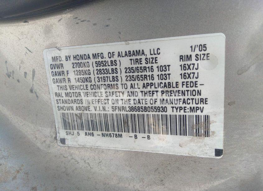 Photo 9 of 2005 Honda Odyssey EX-L (VIN 5FNRL38685B055930)