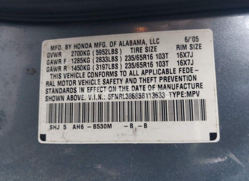 Photo 9 of 2005 Honda Odyssey EX-L (VIN 5FNRL38685B113633)