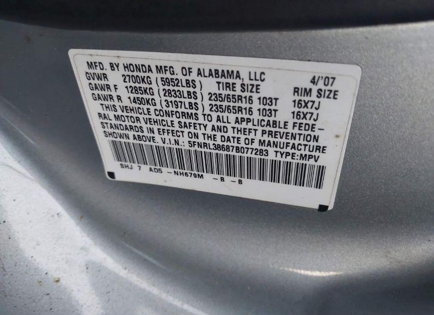 Photo 9 of 2007 Honda Odyssey EX-L (VIN 5FNRL38687B077283)